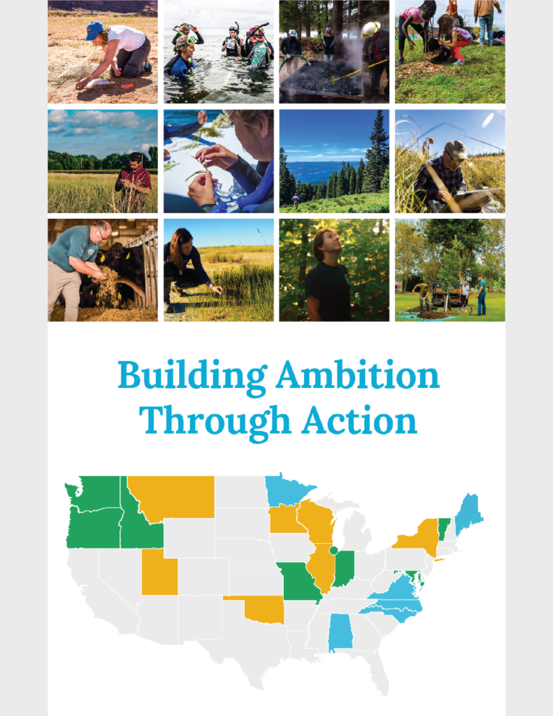 This collage of photos shows Americans implementing natural climate solutions like land management across the U.S.
